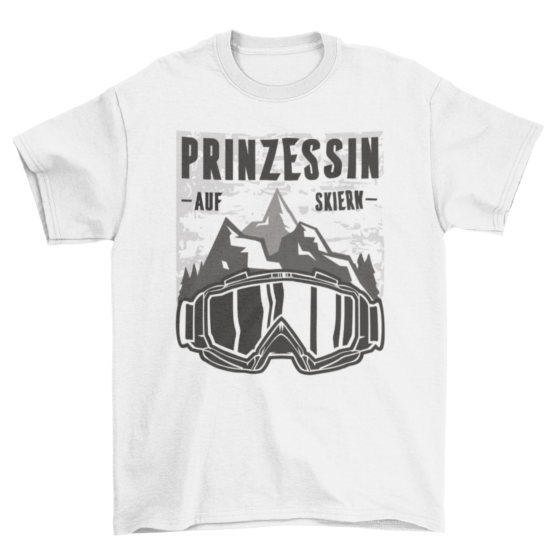 Mountain nature ski goggles with quote "princess of skis in german"