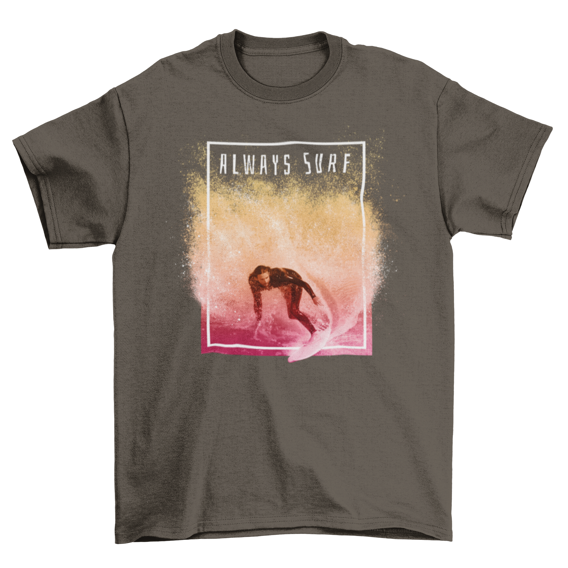 Man surfing in pink wave t-shirt