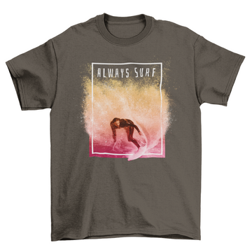 Man surfing in pink wave t-shirt